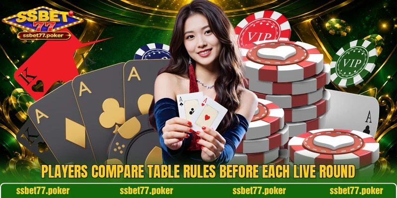 Players compare table rules before each live round Players compare table rules before each live round